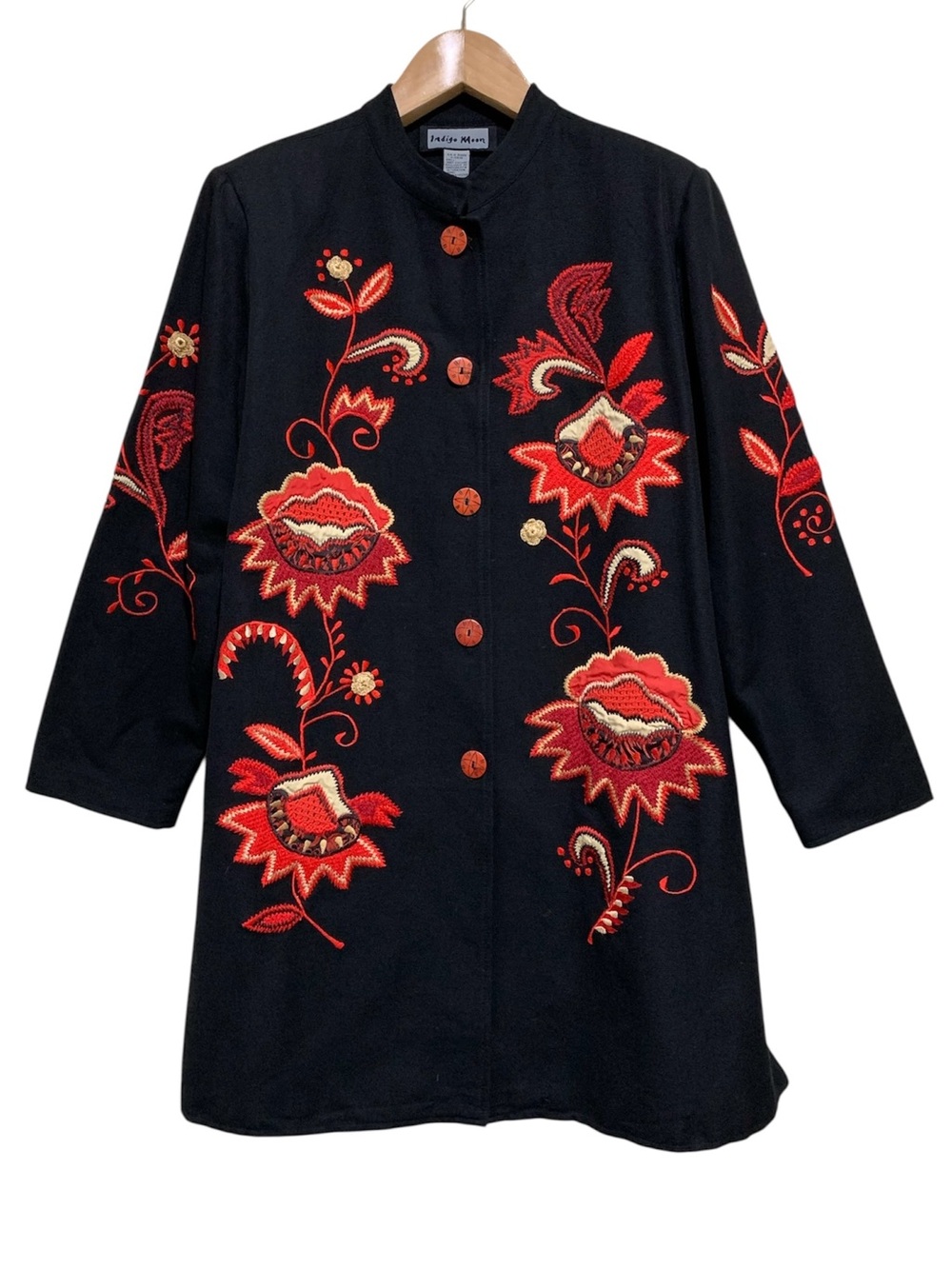 Indigo Moon Embroidered Folk Art Long Jacket Black Red Boho Statement Coat Large - Picture 3 of 8
